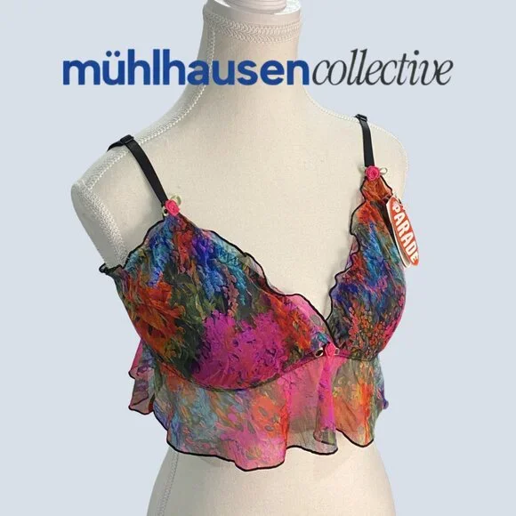NWT Parade Sheer Mesh Bralette Top Multicolor Floral Ruffle 🌈 - Picture 2 of 5